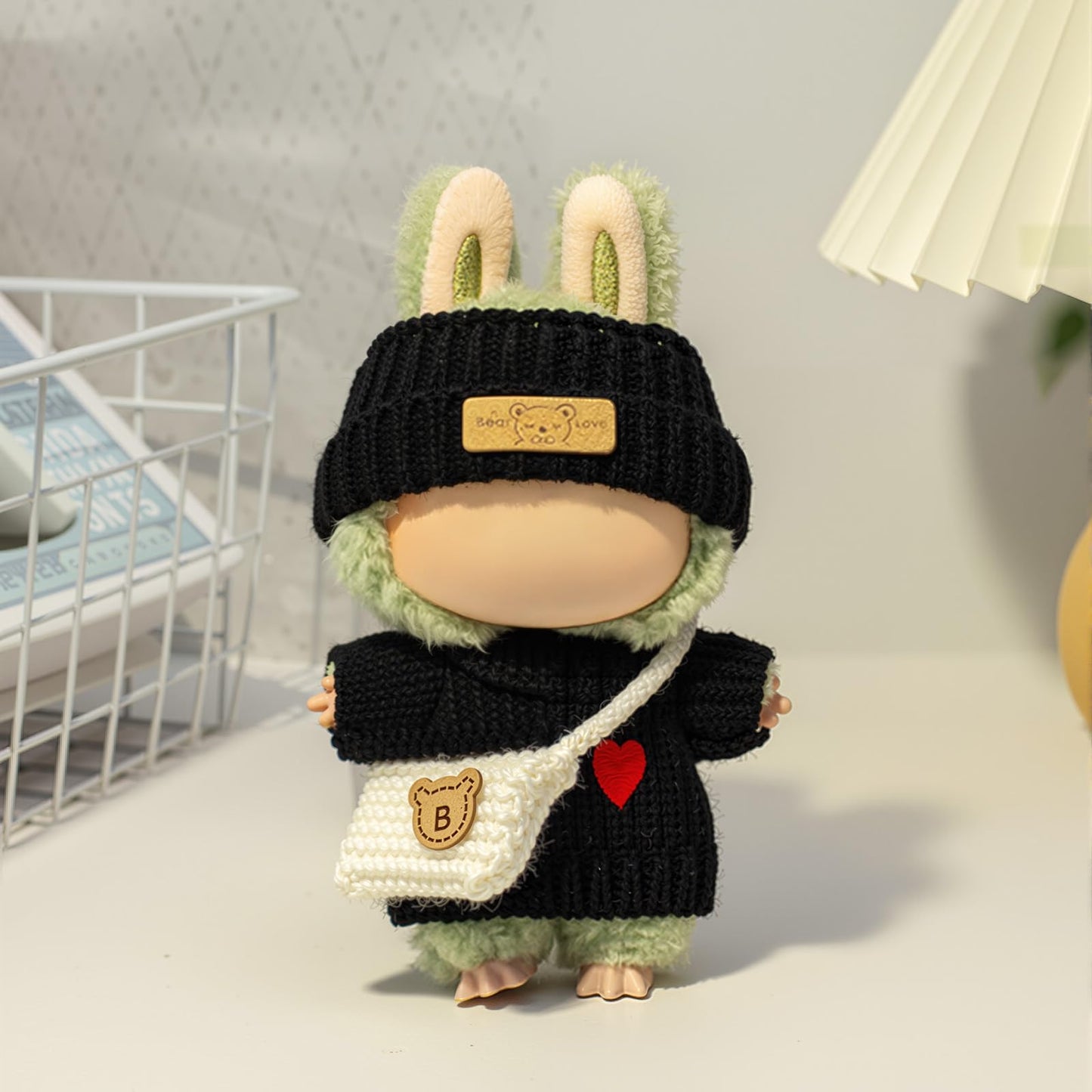 3 Piece Handmade Crochet Outfit for 17cm Dolls - Heart Sweater Hat & Bag Set