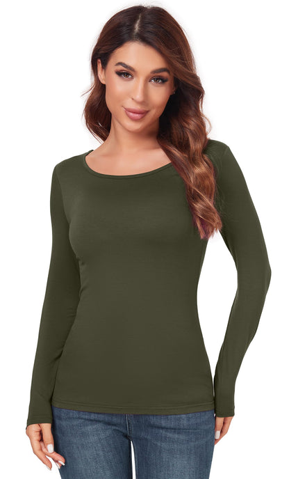 Women's Scoop Neck Long Sleeve Top - Slim Fit Thermal Blouse Basic Layer Shirt