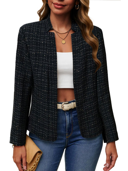 Women's Tweed Blazer Jacket - Open Front Stand Collar Professional Work Coat