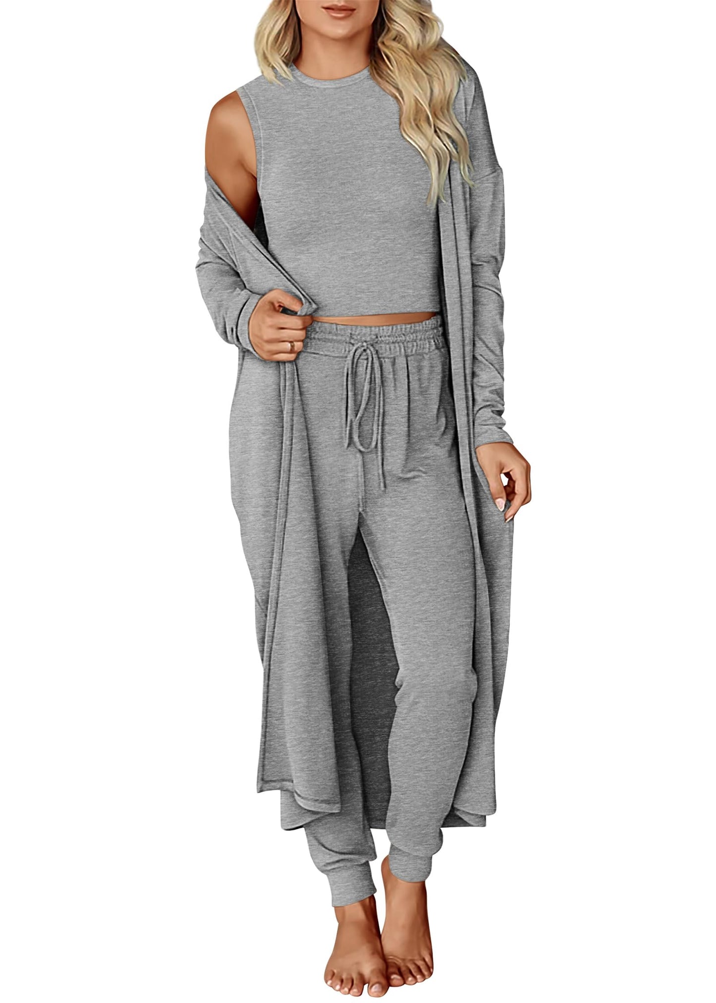 KIRUNDO 3 Piece Lounge Sets for Women Airport Travel Vacation Outfits 2025 Fall Cardigan Matching Sleeveless Top Jogger Pants