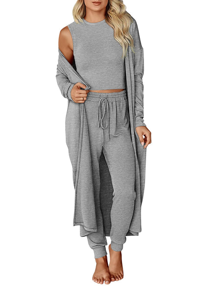 KIRUNDO 3 Piece Lounge Sets for Women Airport Travel Vacation Outfits 2025 Fall Cardigan Matching Sleeveless Top Jogger Pants