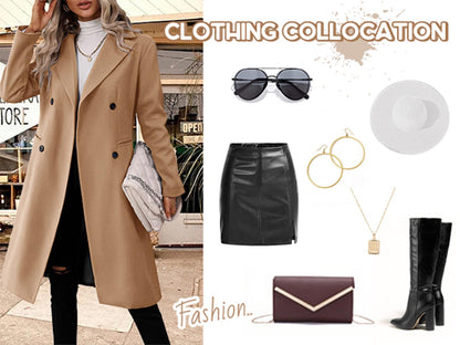 Danedvi Womens Long Double Breasted Coats Lapel Collar Pea Coat Winter Slim Fit Jackets Trench Coat Outwear