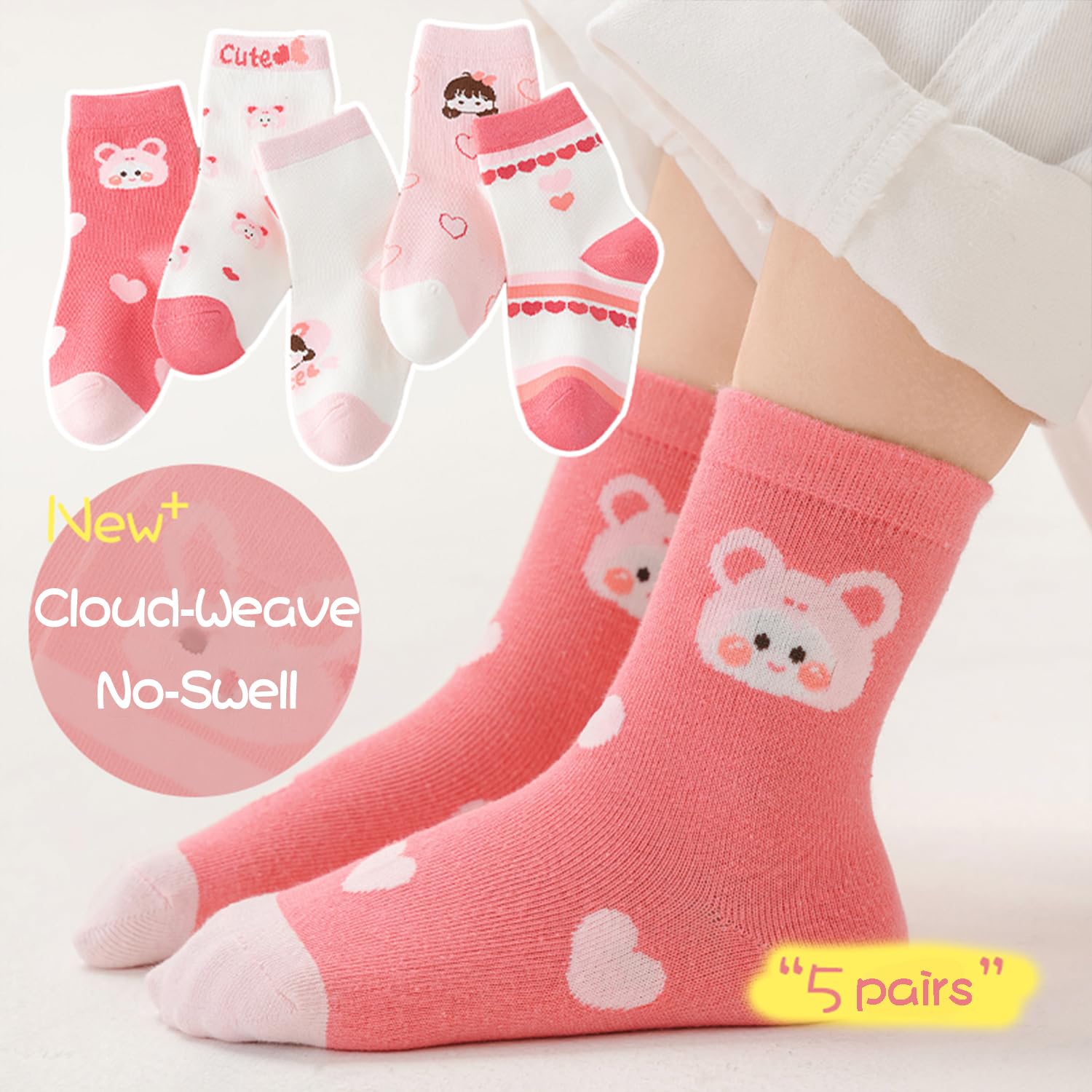 Girls Cotton Crew Socks 5 Pack - Cartoon Bunny Animal Socks for Kids Ages 2-12