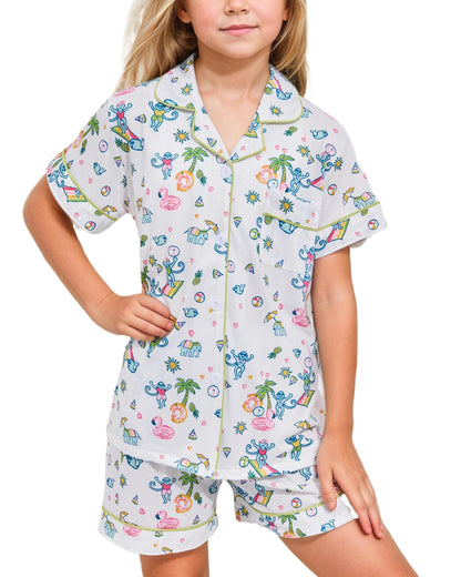 Roller Rabbit Pajamas Kids - Girls Summer 2 Piece Set - Button Down Top and Shorts 6-7 Years Pool Party