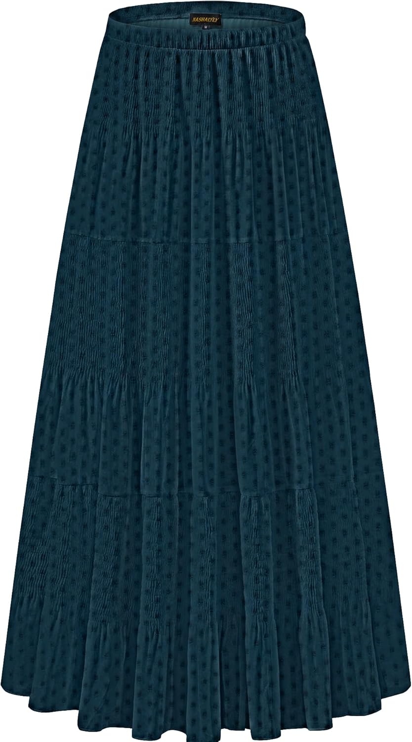 Chiffon Maxi Skirt for Women - High Waist Pleated A-Line Flared Long Skirt Medium Blue Dot