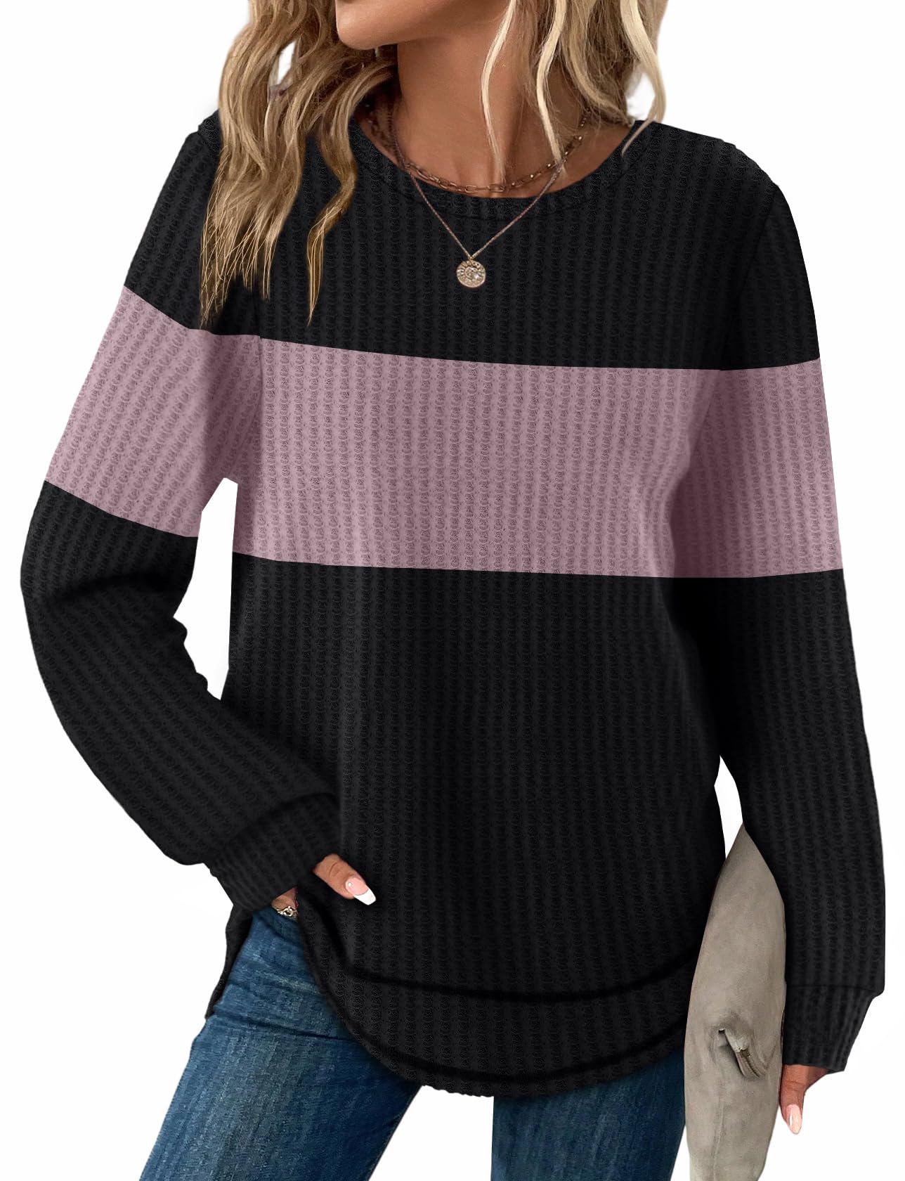 Women's Tunic Tops - Loose Fit Waffle Knit Long Sleeve Crewneck Sweaters Z-b-black-lotus Purple