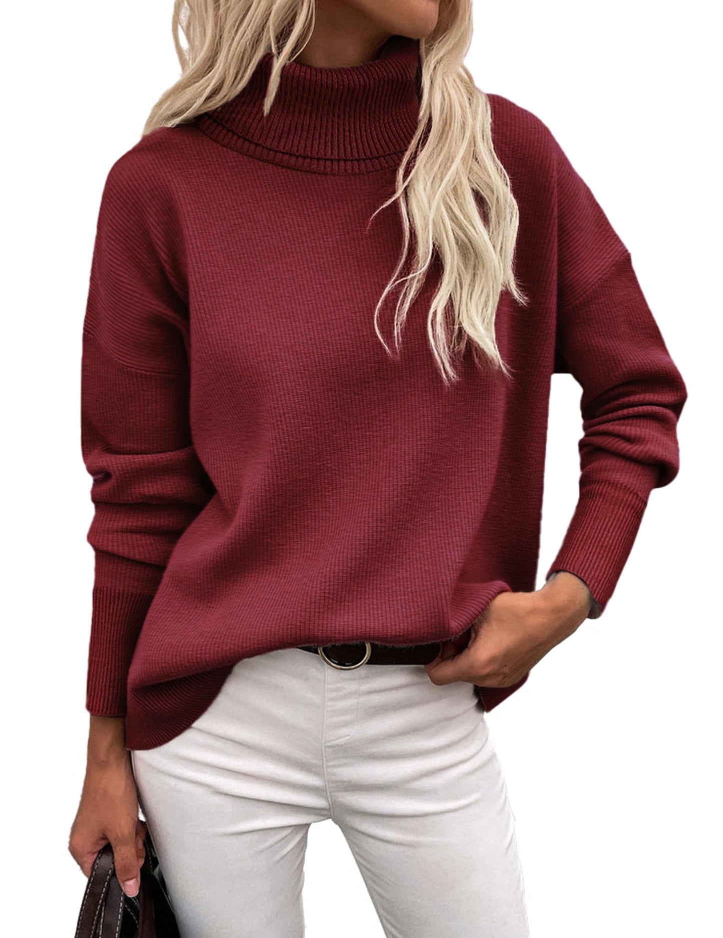 Orange Turtleneck Sweater - Turtleneck Sweater for Women - Chunky Knit Pullover with High Low Hem Wine Red