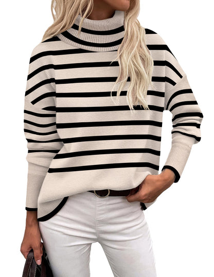 Orange Turtleneck Sweater - Turtleneck Sweater for Women - Chunky Knit Pullover with High Low Hem Striped Beige