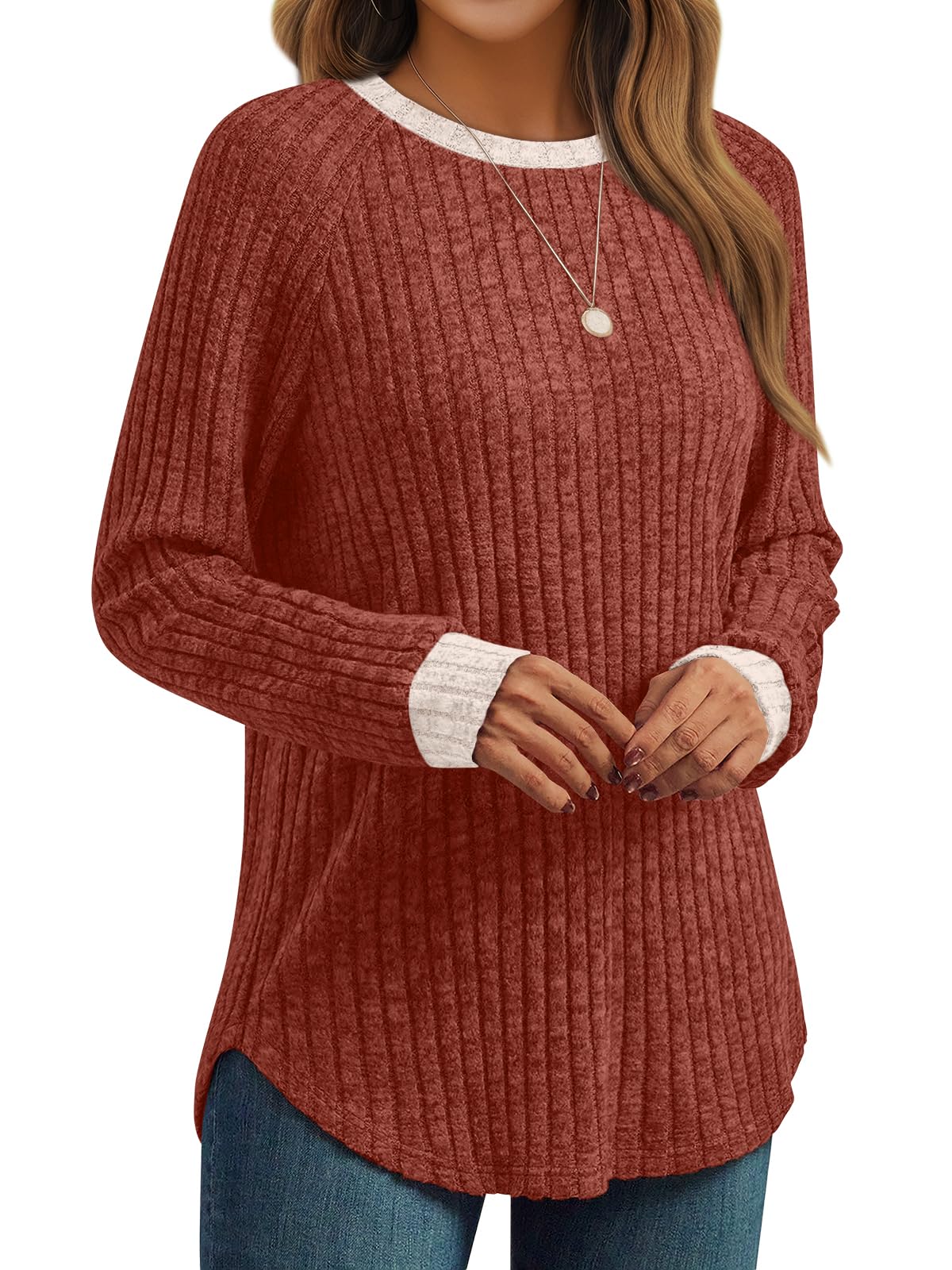 Women's Long Sleeve Tunic Tops - Dressy Casual Color Block Sweaters Maple 02