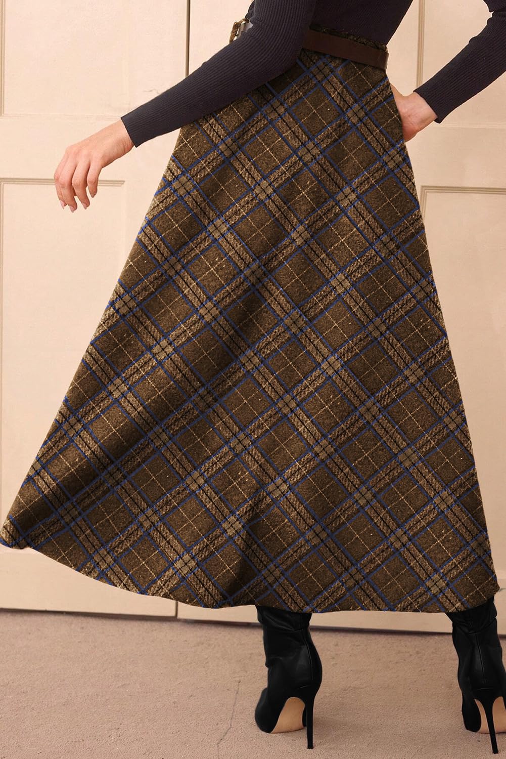 Women's Plaid Skirts - High Waist A-Line Midi Tartan Skirt with Pockets