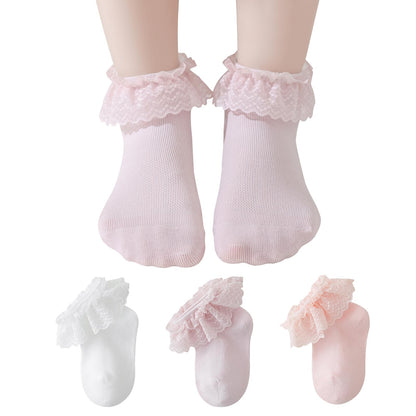 Baby Girl Lace Socks - Newborn Eyelet Ruffle Crew Socks 0-6 6-12 12-24 Months Cotton Purple White Pink_b 3 Pack