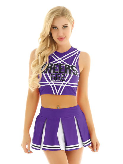 Cheerleader Costume - Women's Crop Top with Pleated Mini Skirt Uniform Violet