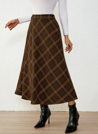 Women's Plaid Skirts - High Waist A-Line Midi Tartan Skirt with Pockets