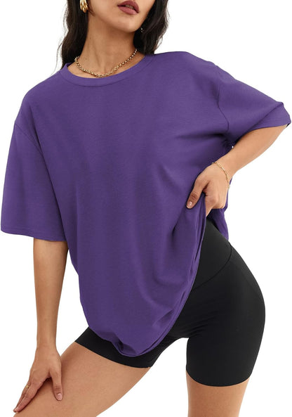 Women's Oversized T Shirts - Loose Fit Crewneck Short Sleeve Casual Tops Darkpurple