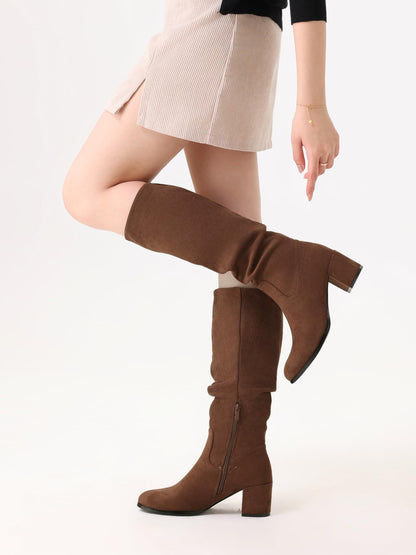Shoe'N Tale Women's Knee High Boots Chunky Heel Pointed Toe Suede Slouch Winter Shoes with Side Zipper