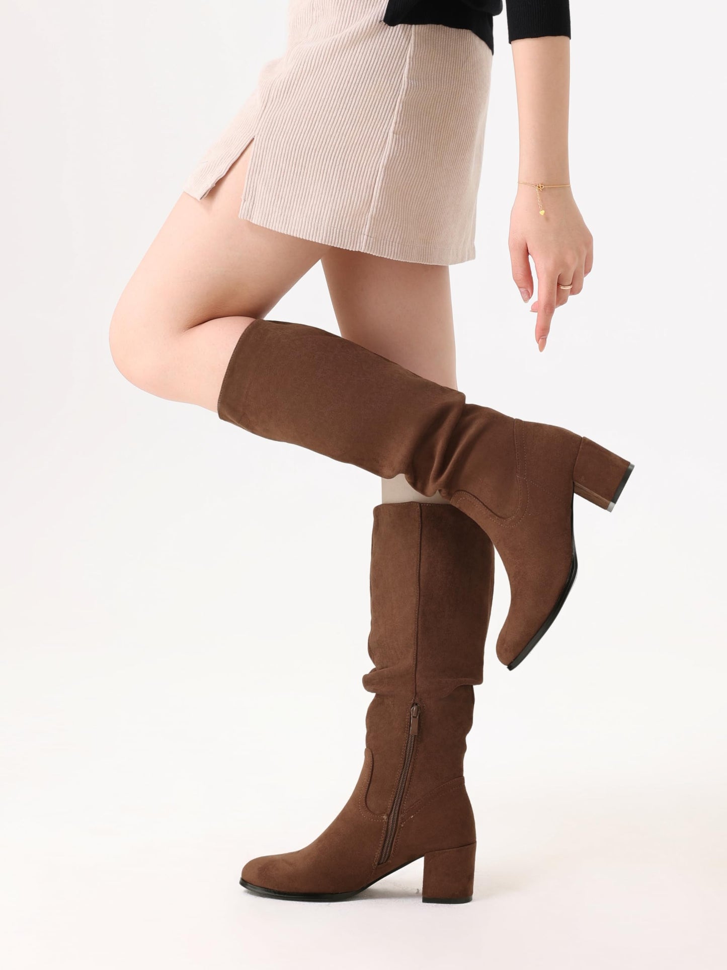 Shoe'N Tale Women's Knee High Boots Chunky Heel Pointed Toe Suede Slouch Winter Shoes with Side Zipper