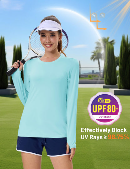 Women's UPF 80+ Long Sleeve Rash Guard - Quick Dry Athletic Shirt with Thumb Holes