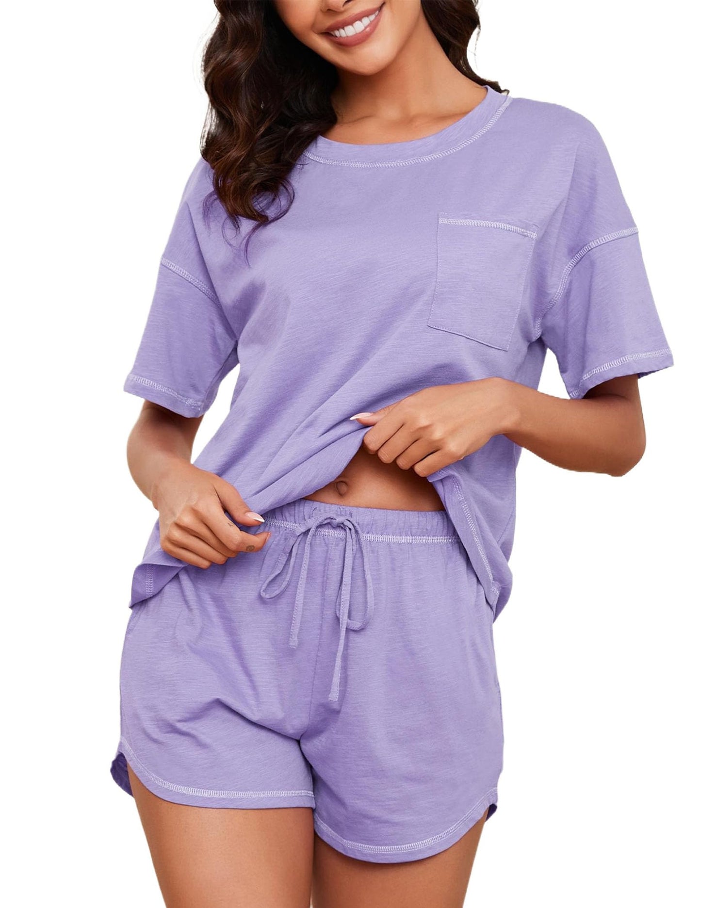 Women's Cotton Pajama Set - Short Sleeve Top and Shorts Sleepwear Lounge Set Grayish Purple