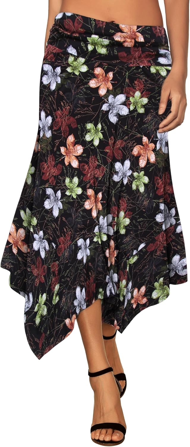 Women's Flowy Handkerchief Hemline Midi Skirt - Elastic Waist Asymmetrical Hem