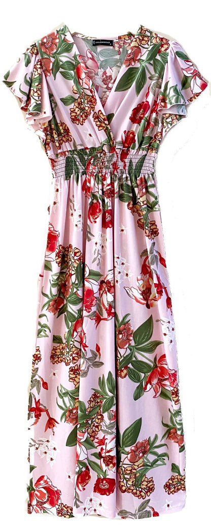 Smocked Maxi Dress - V Neck Exotic Print Dress for Maternity & Plus Size