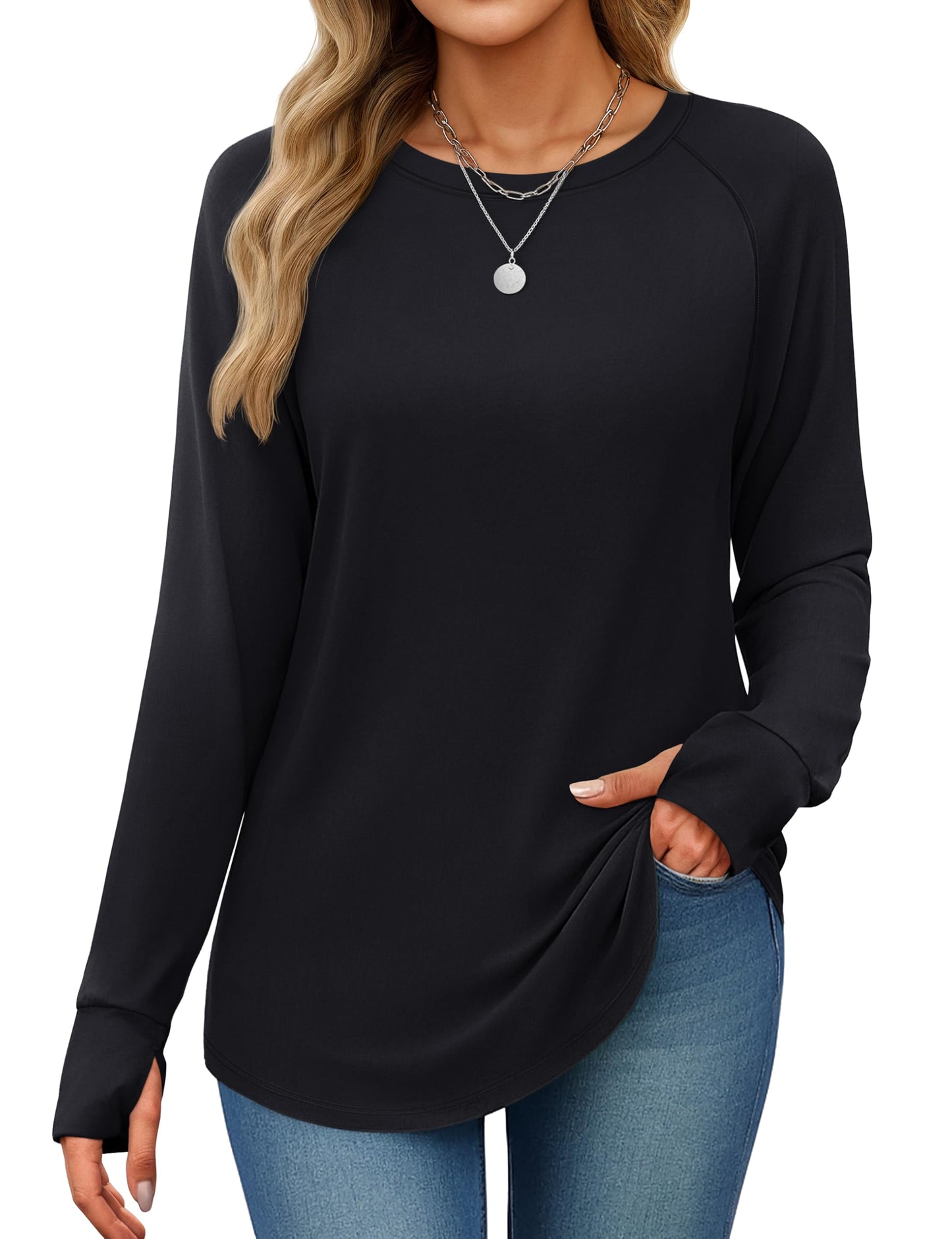 Women's Long Sleeve Tunic Top with Thumb Holes - Loose Fit Shirt for Leggings Black