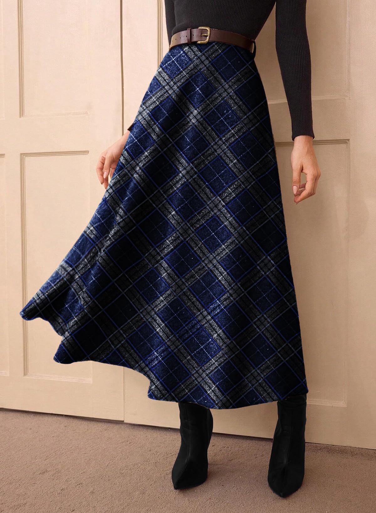 Women's Plaid Skirts - High Waist A-Line Midi Tartan Skirt with Pockets