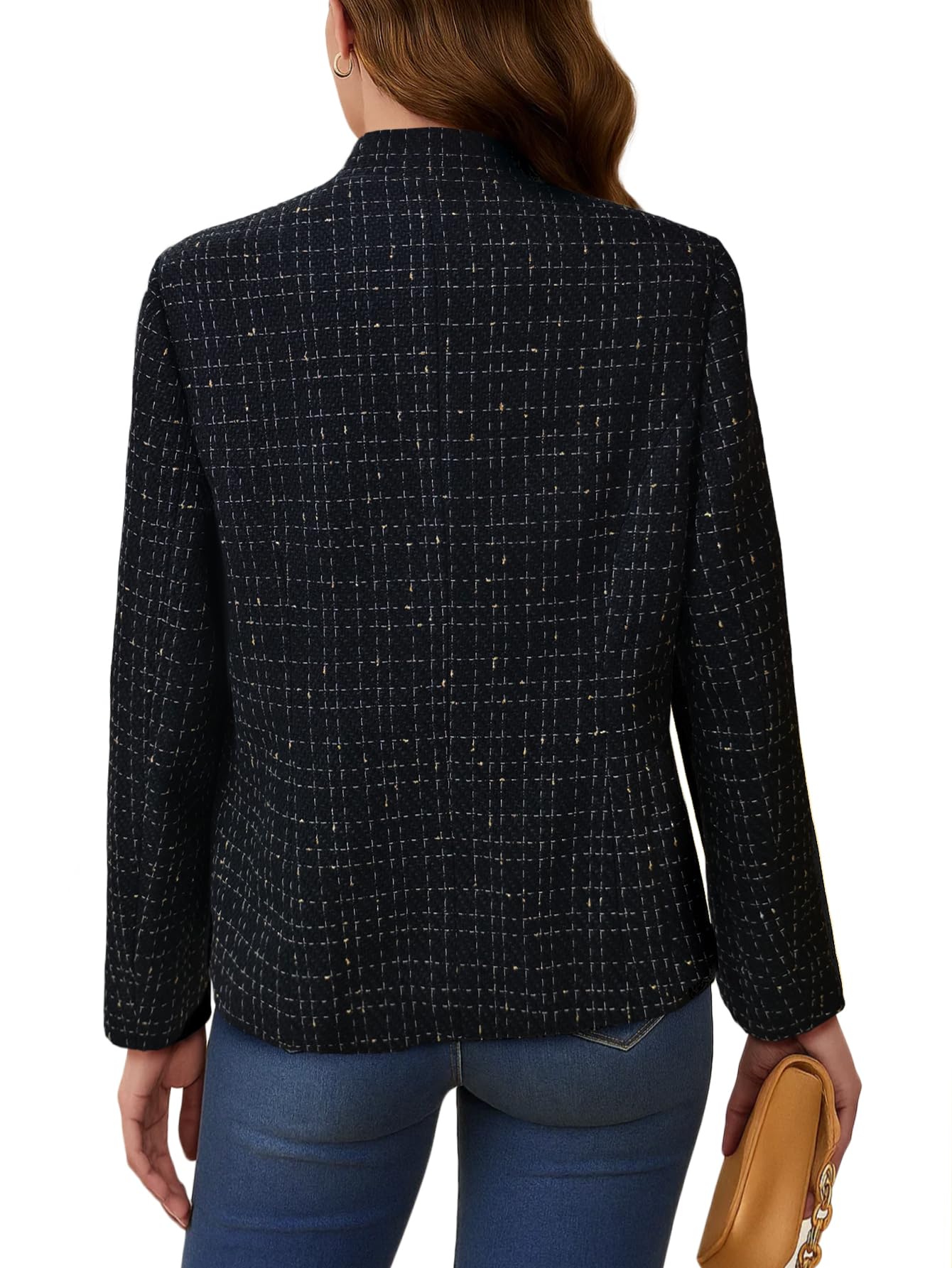 Women's Tweed Blazer Jacket - Open Front Stand Collar Professional Work Coat