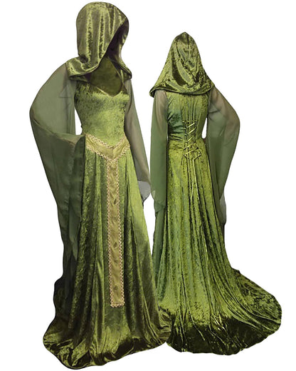 Women's Medieval Hooded Cloak - Vintage Lace-up Long Dress Costume Green