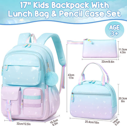 Girls School Backpack Set 3-Piece - Waterproof Kids Backpack with Lunch Box
