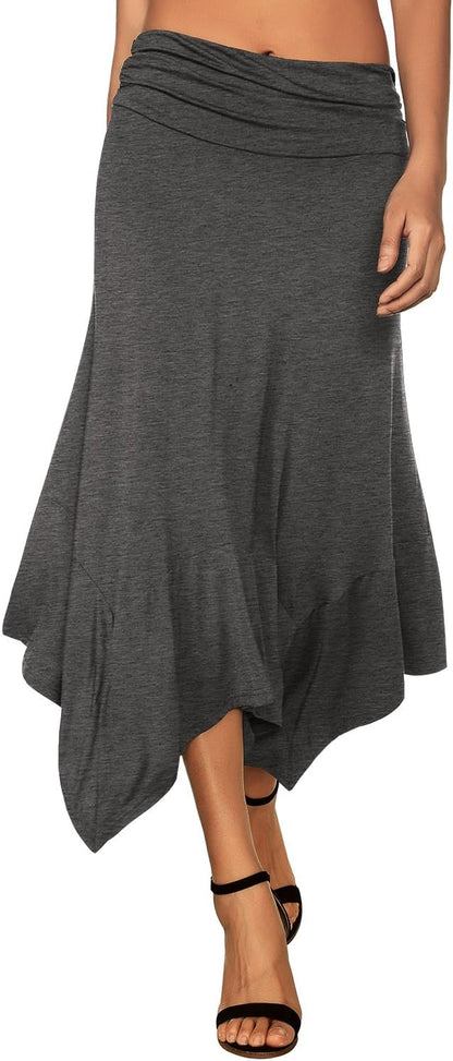 Women's Flowy Handkerchief Hemline Midi Skirt - Elastic Waist Asymmetrical Hem