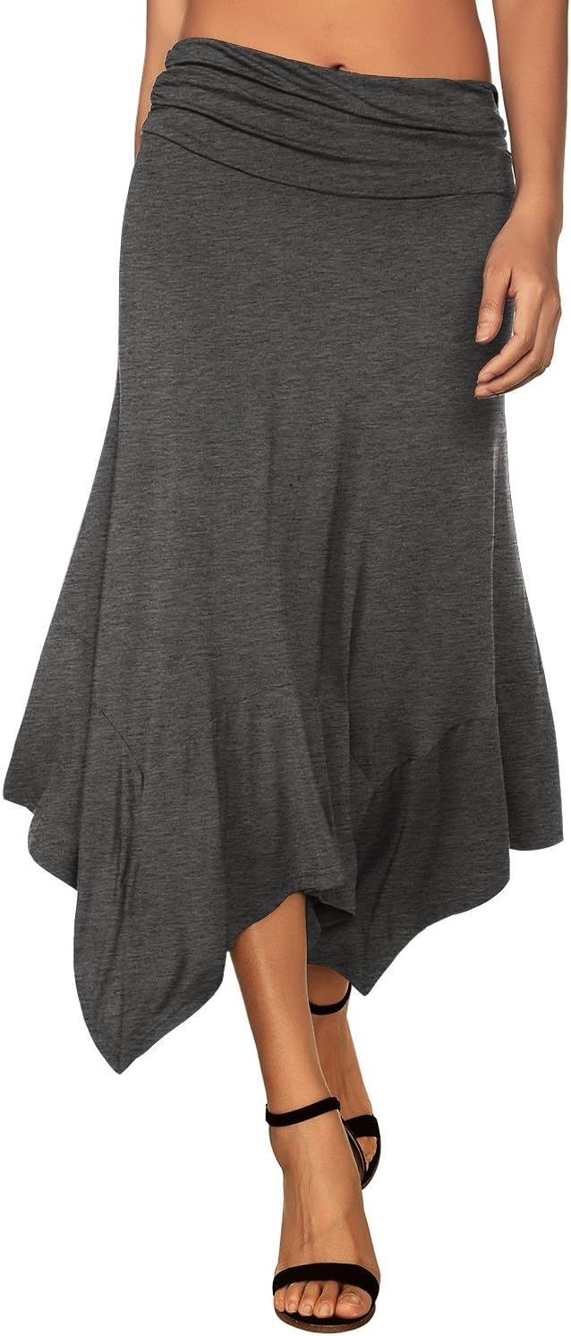 Women's Flowy Handkerchief Hemline Midi Skirt - Elastic Waist Asymmetrical Hem