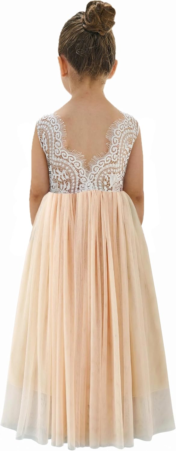 Girls Tulle Flower Girl Dress - Lace Back A-Line Party Dress Champagne Sleeveless Maxi