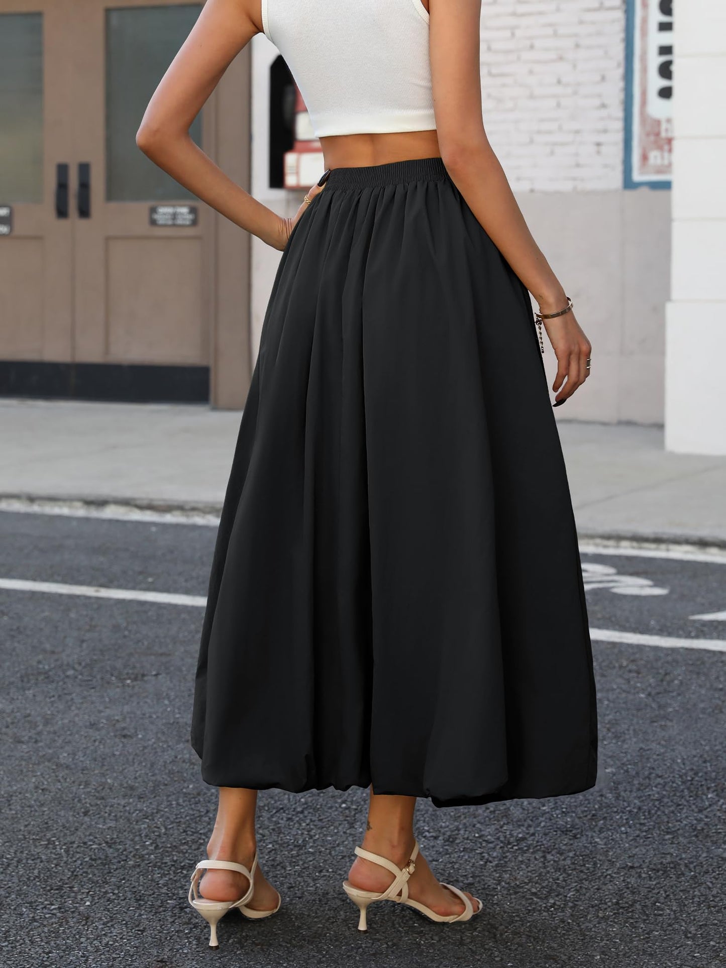 Bubble Skirt with Pockets - Elastic Waist Y2K A-Line Long Skirt for Women