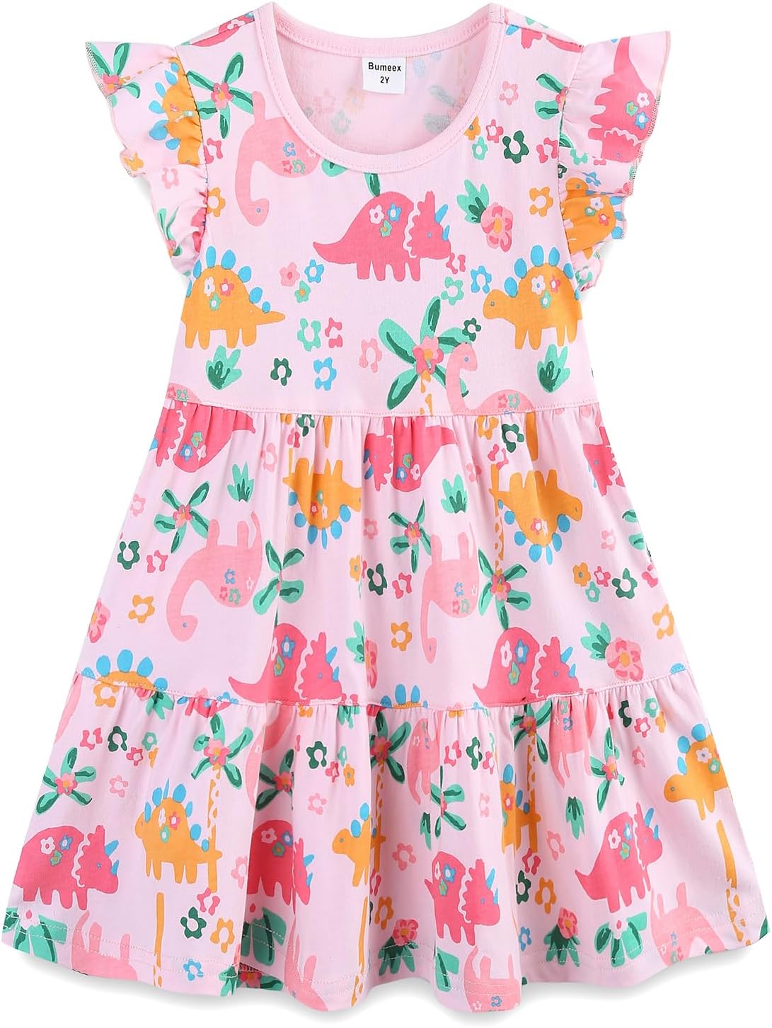 Bumeex Girl's Dresses Cotton Ruffle Sleeve Tiered Swing A-Line Cute Midi Casual Sundress #Pink Dinosaur