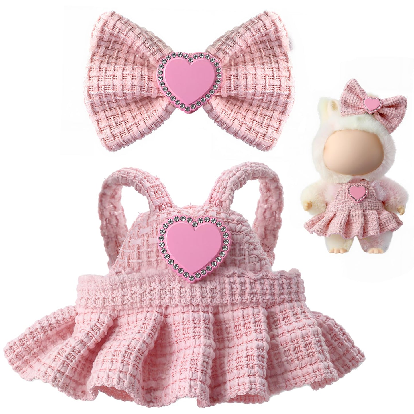 3 Piece Handmade Crochet Outfit for 17cm Dolls - Heart Sweater Hat & Bag Set Luxury Chic - Pink