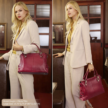 Women Genuine Leather Handbag - Soft Satchel Tote Shoulder Bag with Adjustable Strap