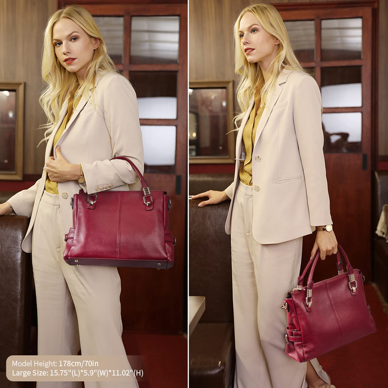 Women Genuine Leather Handbag - Soft Satchel Tote Shoulder Bag with Adjustable Strap