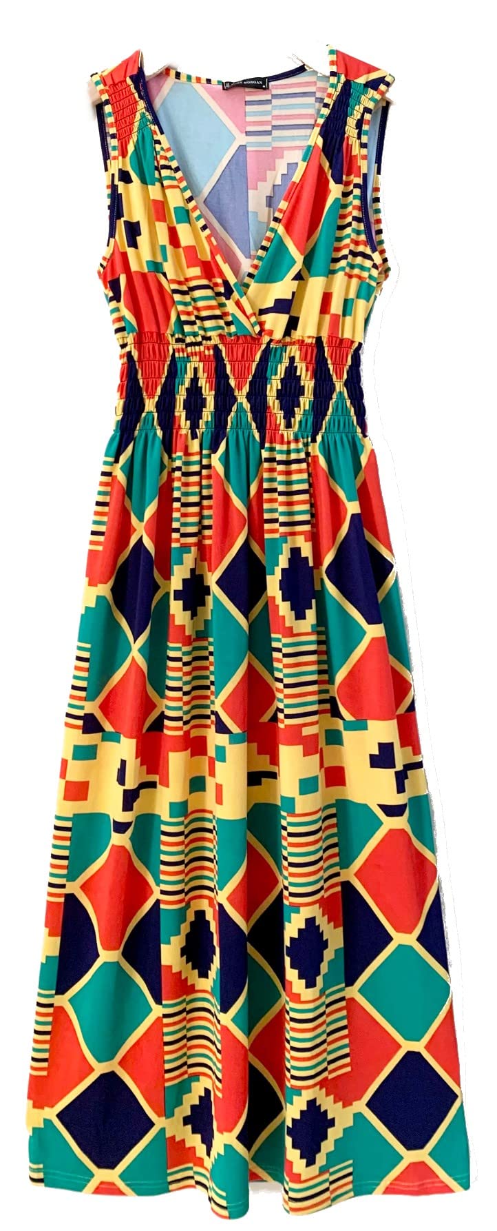Smocked Maxi Dress - V Neck Exotic Print Dress for Maternity & Plus Size 2X Tribal Green Red