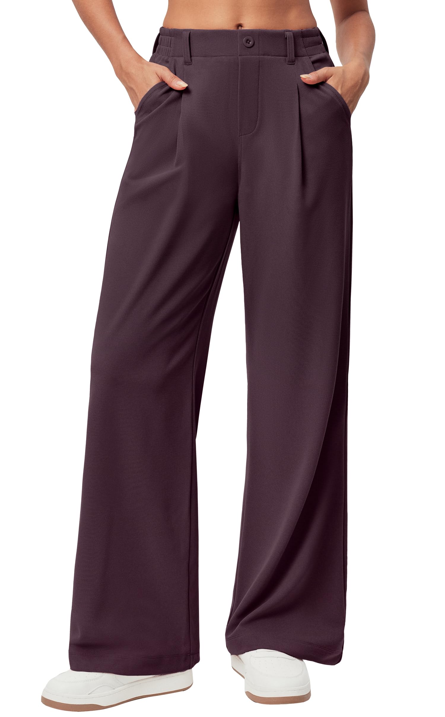 Women's Wide Leg Work Pants - Stretchy Pull-On Business Casual Trousers with Pockets