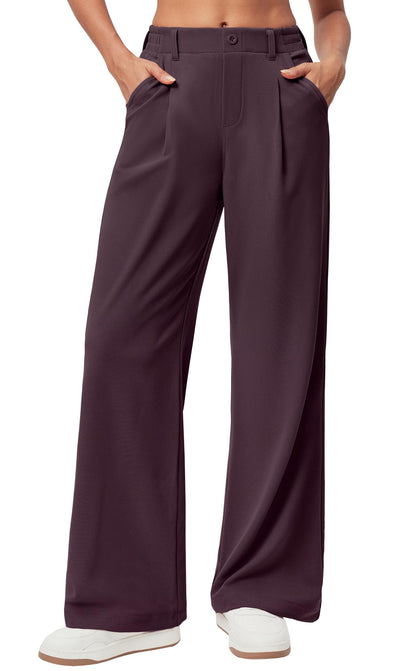Women's Wide Leg Work Pants - Stretchy Pull-On Business Casual Trousers with Pockets Mulberry- 28'' Regular