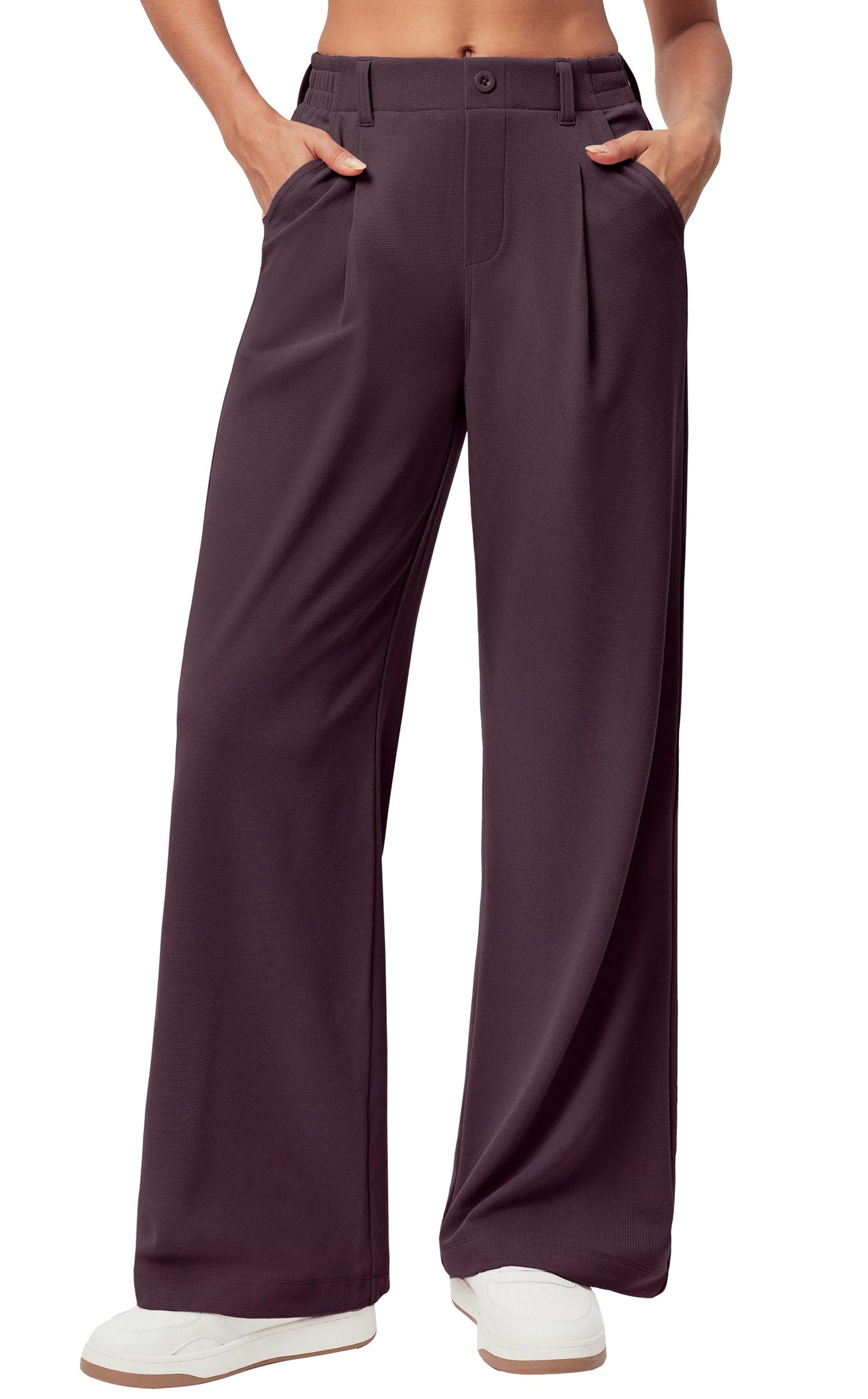 Women's Wide Leg Work Pants - Stretchy Pull-On Business Casual Trousers with Pockets Mulberry- 28'' Regular
