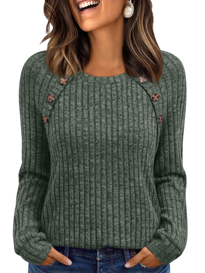 Women's Long Sleeve Tops - Fall Lightweight Sweaters with Shoulder Buttons Green