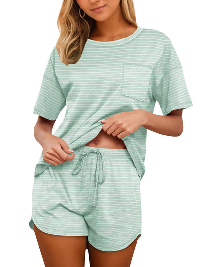 Women's Cotton Pajama Set - Short Sleeve Top and Shorts Sleepwear Lounge Set