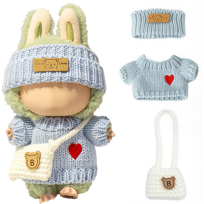 3 Piece Handmade Crochet Outfit for 17cm Dolls - Heart Sweater Hat & Bag Set Heart - Blue