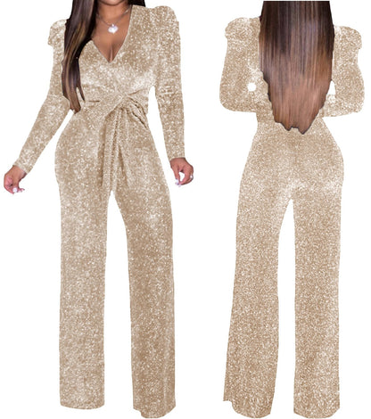 Women's Sparkly Jumpsuits Sexy Long Sleeve Cocktail Elegant Mock Neck Bodycon Straight Long Pants Rompers with Pockets
