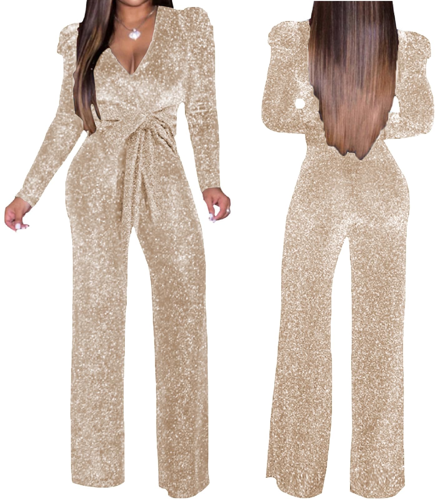 Women's Sparkly Jumpsuits Sexy Long Sleeve Cocktail Elegant Mock Neck Bodycon Straight Long Pants Rompers with Pockets