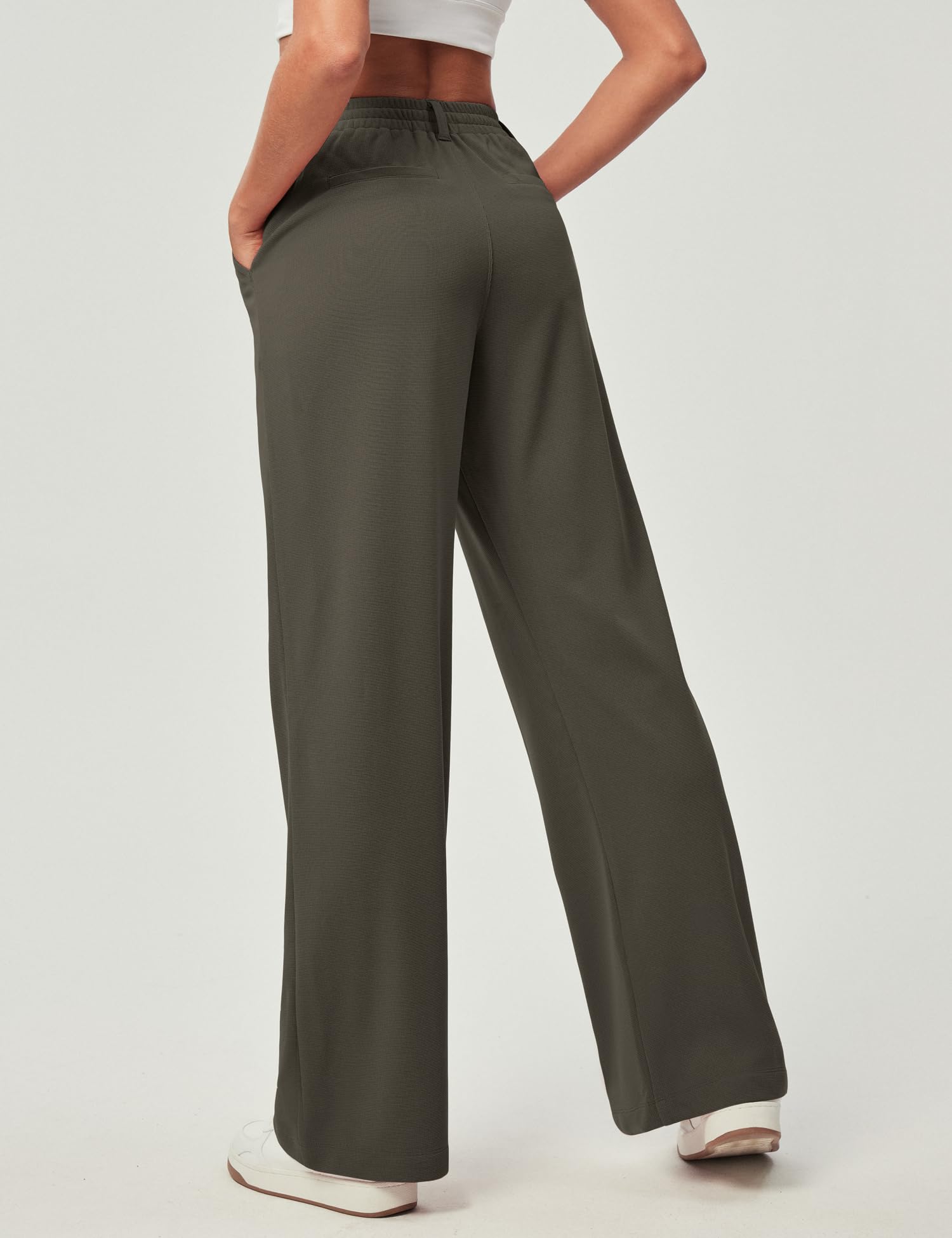 Women's Wide Leg Work Pants - Stretchy Pull-On Business Casual Trousers with Pockets