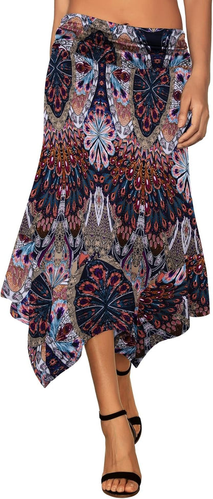 Women's Flowy Handkerchief Hemline Midi Skirt - Elastic Waist Asymmetrical Hem Blue Feather Print