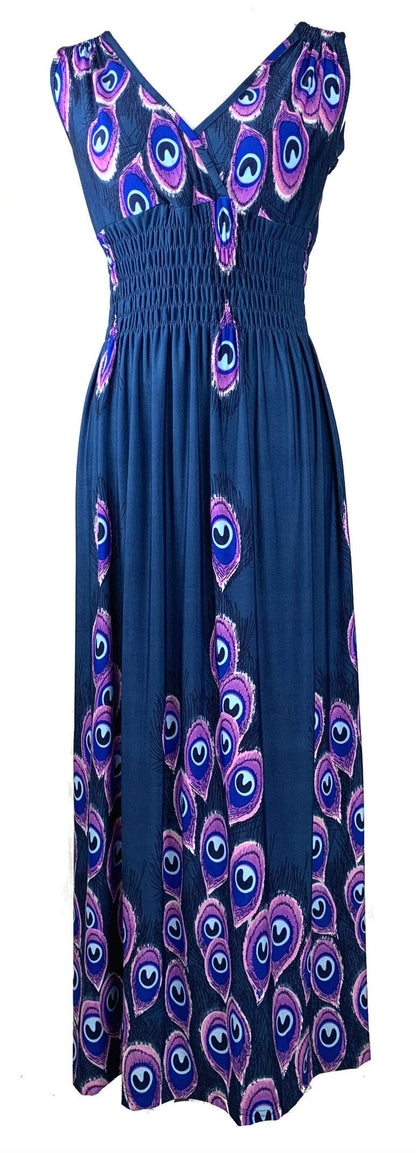 Smocked Maxi Dress - V Neck Exotic Print Dress for Maternity & Plus Size