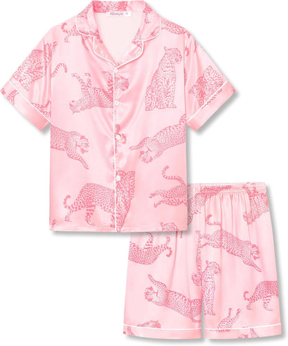 Girls Satin Pajama Set - Silky Button Down PJ with Shorts Size 6-16 Pink Leopard Animal Print (Short Sleeve & Shorts)
